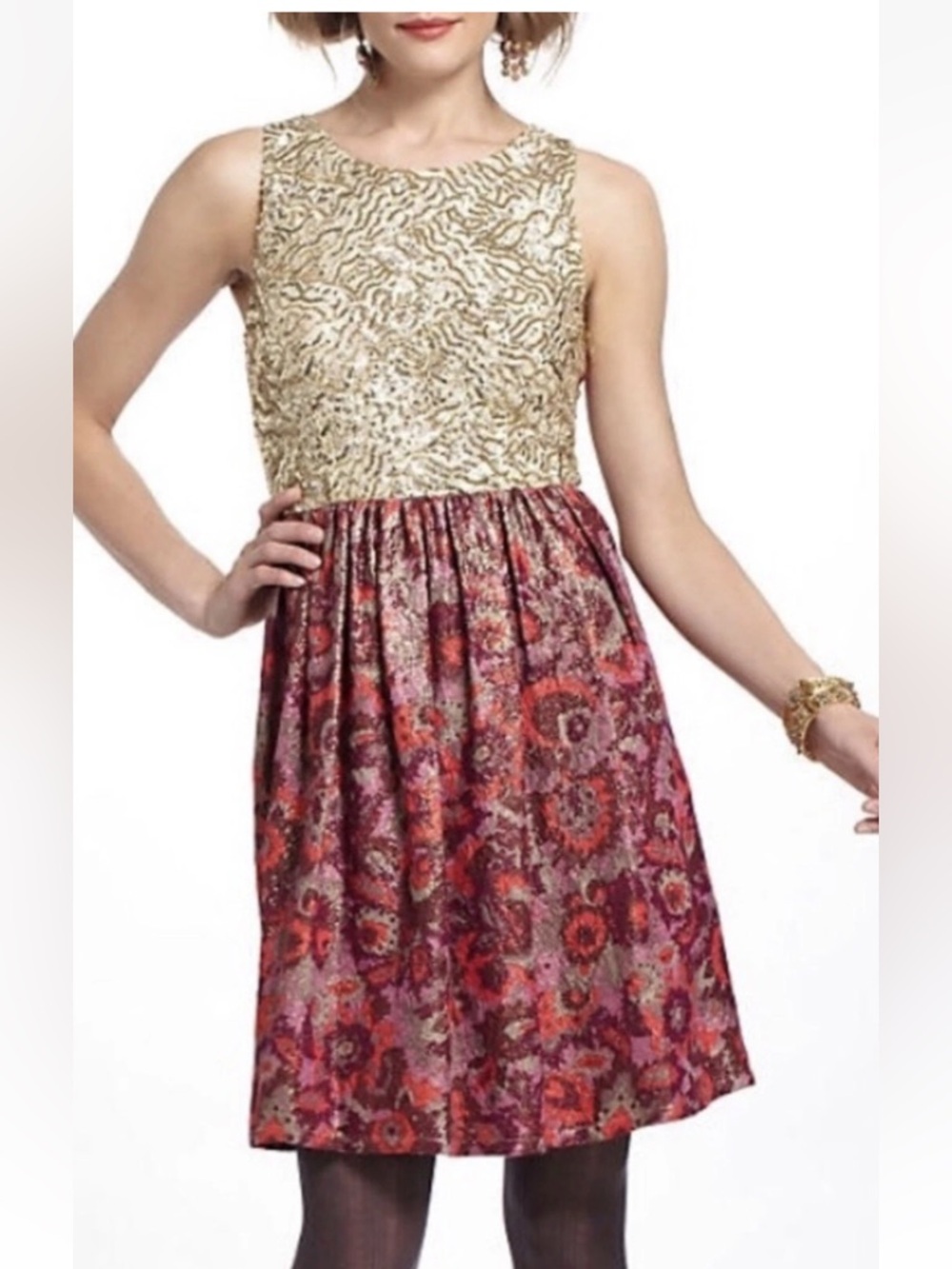 Anthropologie Wren Sequined Gold Jacquard Lace Floral Metalic Dress Medium